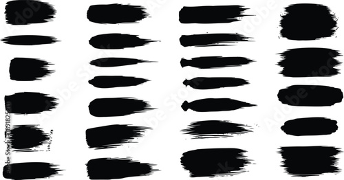 A collection of various black paint brush strokes and ink smears with different textures and shapes on a clean white background, ideal for graphic design elements.