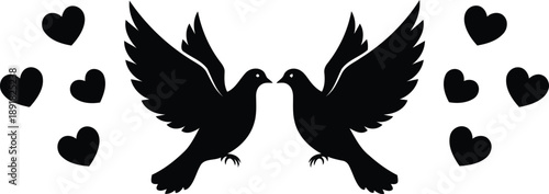 Two black dove silhouettes facing each other, surrounded by floating heart shapes, symbolizing love and peace.