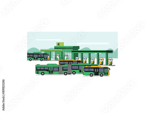 Green buses refueling at modern hydrogen station with euro sign