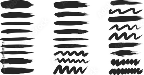 Collection of various black brush strokes and paint swatches on a white background, including straight, wavy, and textured designs.