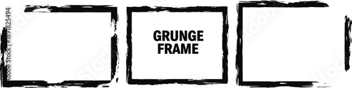 Set of three distressed rectangular frames with a grunge texture, featuring a central frame explicitly labeled 'GRUNGE FRAME' for graphic design elements.