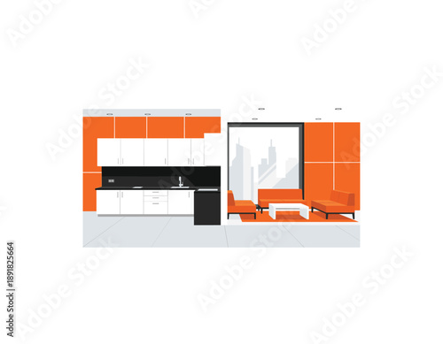 Modern office interior with kitchenette and city view