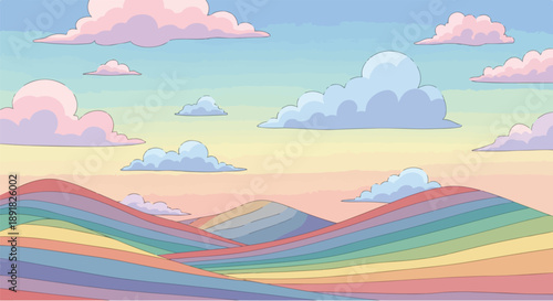 Vector illustration of a summer nature landscape featuring mountains and hills under a cloudy sky with a sunrise over the ocean waves and green trees