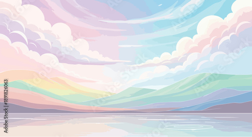 A beautiful summer landscape features a vibrant rainbow arching over mountains and reflecting in the blue ocean water as sunlight pierces through white clouds at sunset