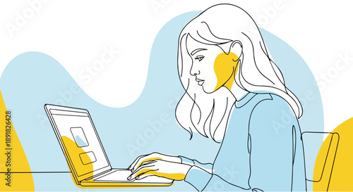 A young woman sitting at a cafe desk working on her laptop and notebook while a student child nearby engages in school education and reading a book