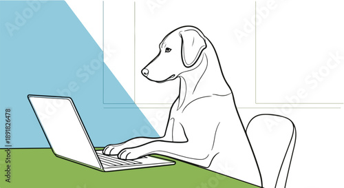 An adorable cartoon illustration of a cute labrador puppy and a dachshund sitting with a laptop, featuring isolated vector drawings of domestic pets and canine breeds on a white background