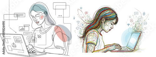 Hand drawn vector illustration of a funny fashion girl face featuring artistic hair and beauty design for a cartoon woman or child drawing