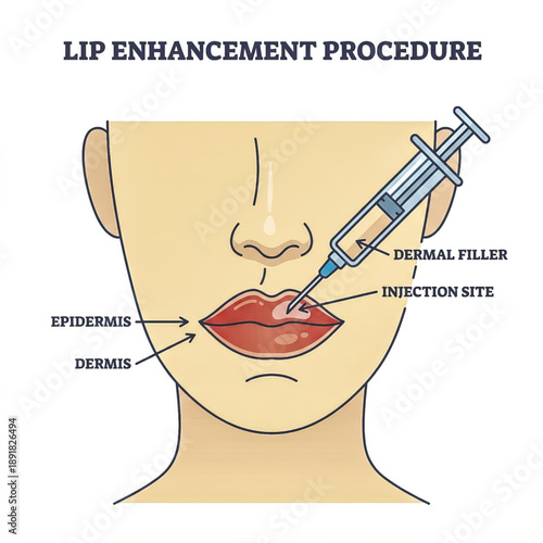  infographic labels the injection site, dermal filler, epidermis, and dermis to explain how cosmetic fillers add volume to the lips. Vector illustration