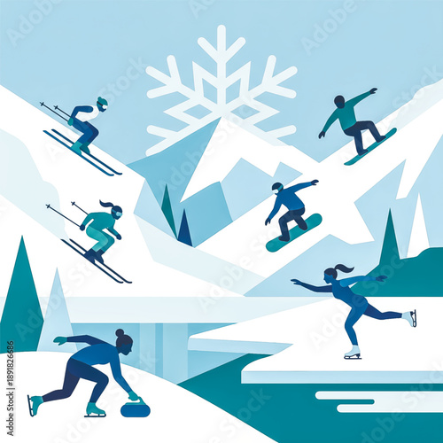 Vector illustration of athletes enjoying winter sports in a mountain landscape. Concept for winter games, vacation, or active lifestyle.. Vector illustration