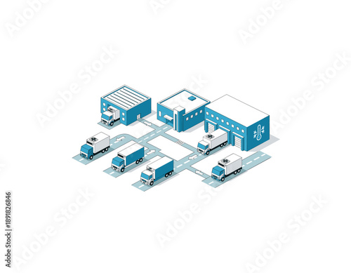 Efficient logistics and transportation hub with trucks and warehouses