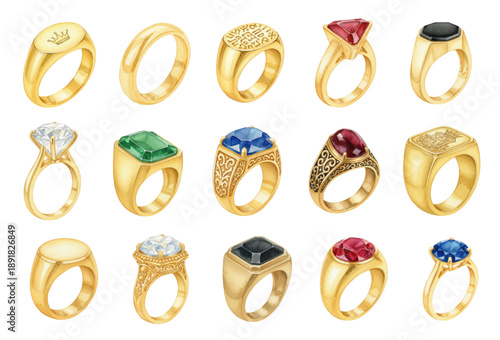 Watercolor set of gold rings with precious gemstones