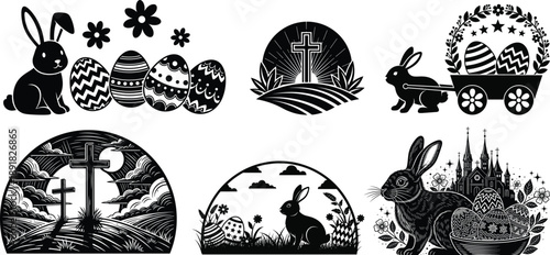 Easter sunday celebration silhouette bunnies eggs and crosses on easter sunday morning