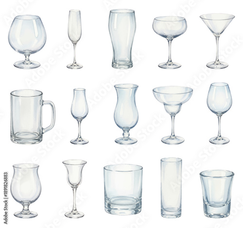 Watercolor set of empty cocktail and bar glassware