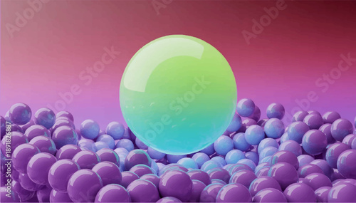 Vector 3D illustration of a glass light green matte sphere standing on a plane with many small purple spheres_03.