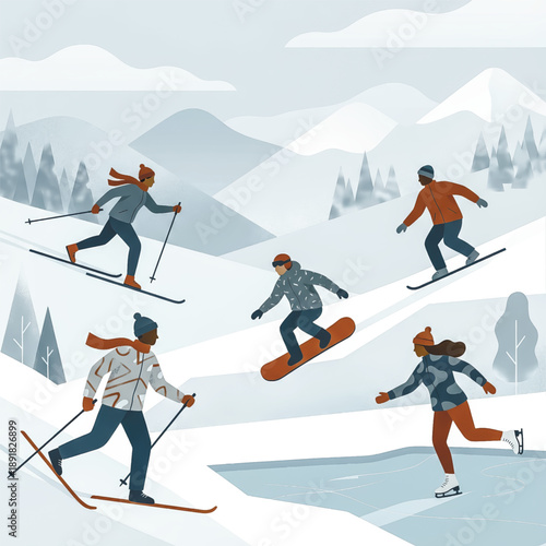  Illustration of diverse people enjoying outdoor winter activities in a snowy mountain landscape. Concept for active holidays and healthy lifestyle.. Vector illustration
