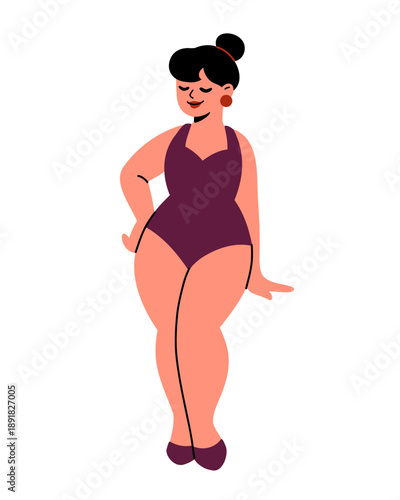Flat vector illustration of woman in swimsuit isolated on white background. Female character for summer vacation, body positive, fashion model concept. 