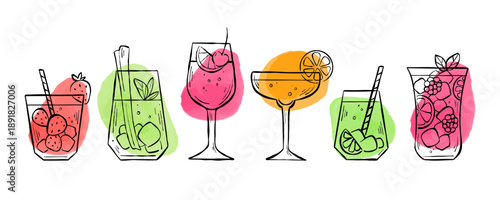 Set of hand-drawn line art with different types of mocktails isolated on a white background. Sketch illustration collection of party drinks for logo, sticker, menu, or web banner.