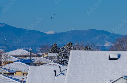 Fotografi Snow-covered roofs in a Colorado neighborhood with the mountain range in the dis