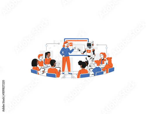 Teacher and robot instruct students in modern classroom setting