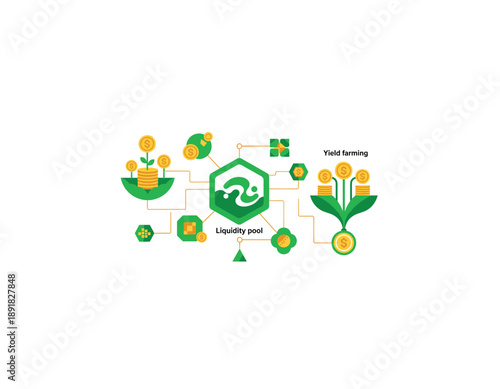 Green finance concept with yield farming and liquidity pool icons