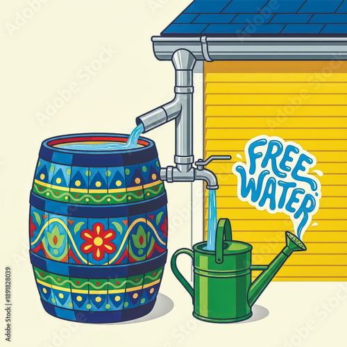 Colorful illustration of rainwater being collected from a roof gutter into a decorative rain barrel. Concept for sustainability and water conservation.. Vector illustration