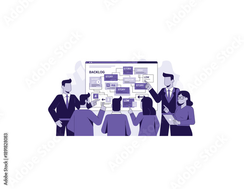 Team collaborating on project management with backlog board