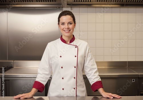 Female Chef Portrait, Professional Kitchen Photography, Young Woman in White Chef Jacket with Maroon Trim, Confident Culinary Professional Illustration