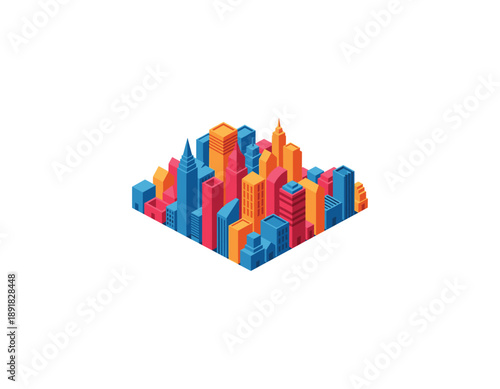 Vibrant 3D cityscape with colorful skyscrapers and modern architecture