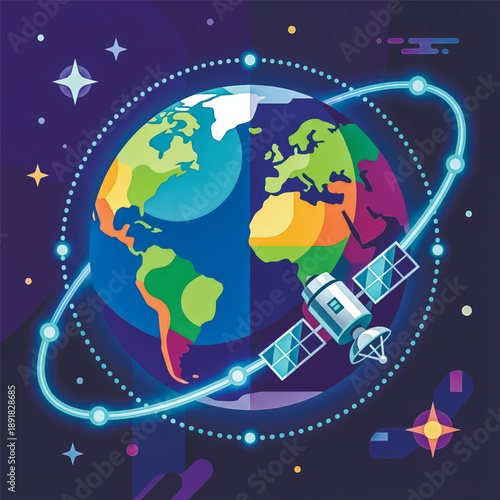  Illustration of a satellite orbiting Earth. Concept for global network, communication, GPS, and space technology. Flat design style.. Vector illustration