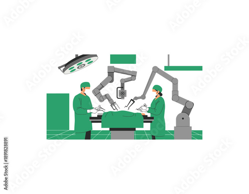 Surgeons performing robotic surgery in modern operating room