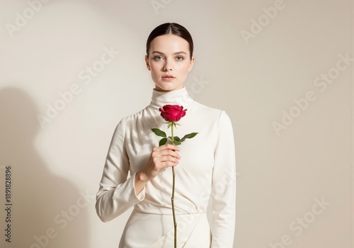 Young Woman Holding Red Rose, Studio Portrait Photography, Monochromatic Outfit, Dramatic Lighting, Sophisticated Floral Concept Illustration