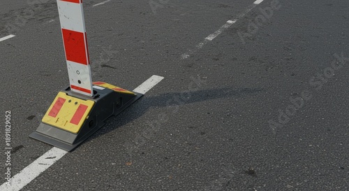 Traffic delineator standing on asphalt road with markings  