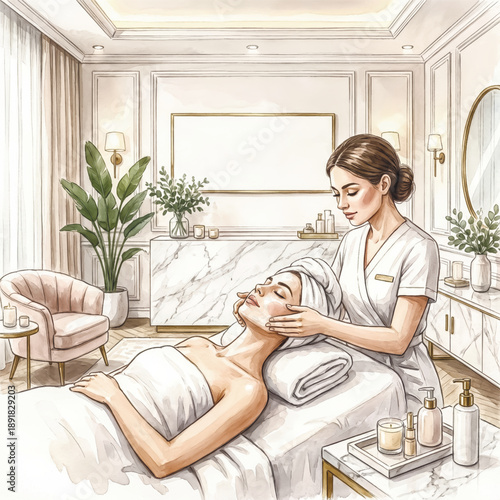 A soft watercolor illustration captures a moment of pure bliss as a woman receives a facial from an expert esthetician in a luxurious spa. Vector illustration