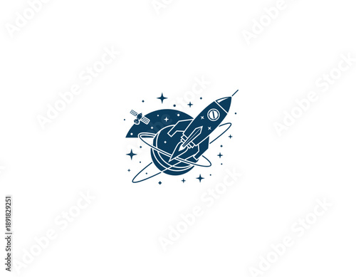 Modern rocket ship blasting off into space with satellite and stars