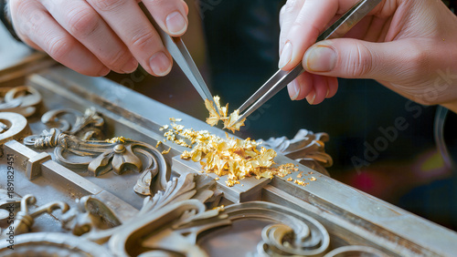 Gilding process of an antique frame using gold leaf and tweezers