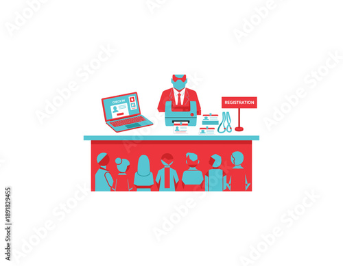 Registration desk with people checking in at modern event