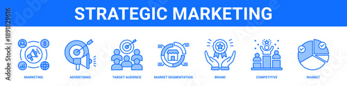 Strategic Marketing web banner icon set collection solid style.