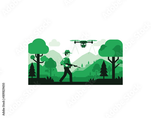 Park ranger using drone for surveillance in green forest landscape