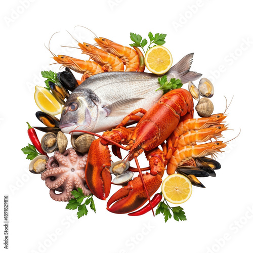 Assortment of fresh seafood with lobster, fish, shrimp, and octopus isolated on transparent background
