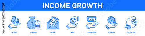 Income Growth web banner icon set collection solid style.