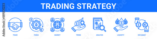 Trading Strategy web banner icon set collection solid style.