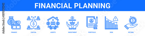 Financial Planning web banner icon set collection solid style.