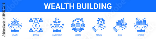 Wealth Building web banner icon set collection solid style.