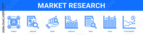 Market Research web banner icon set collection solid style.