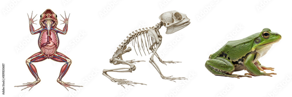 Obraz premium Isolated Frog Anatomy Set with Skeleton, Internal Organs and Realistic Frog – Transparent Background PNG