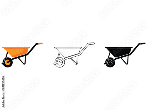 Wheelbarrow icons set for gardening and work
