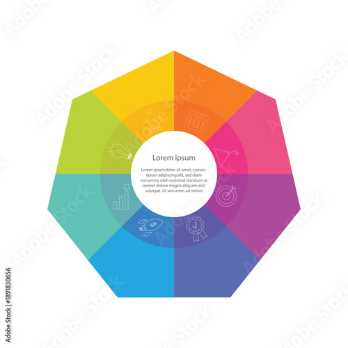 Colorful infographic polygon design template with 8 options and a text in the middle of the shape isolated on the white background