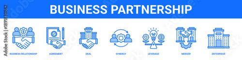 Business Partnership web banner icon set collection solid style.