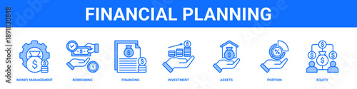 Financial Planning web banner icon set collection solid style.