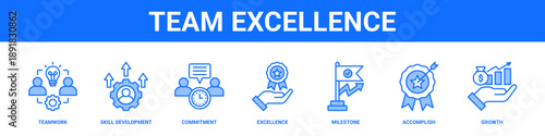 Team Excellence web banner icon set collection solid style.